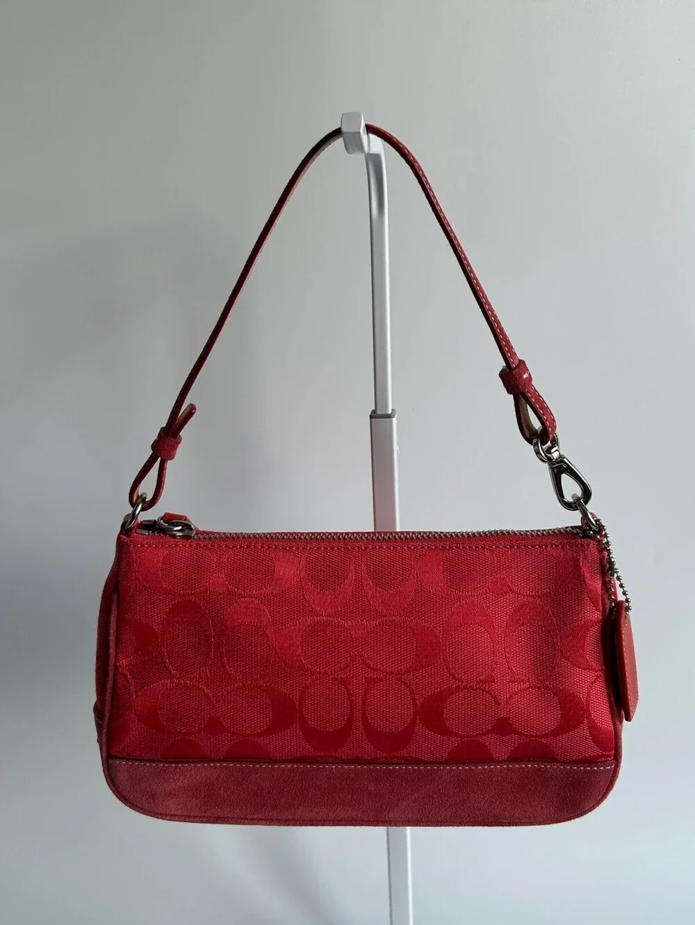 Coach Signature Jacquard Mini Demi Pouch Shoulder Bag Red Canvas Suede Trim 6094